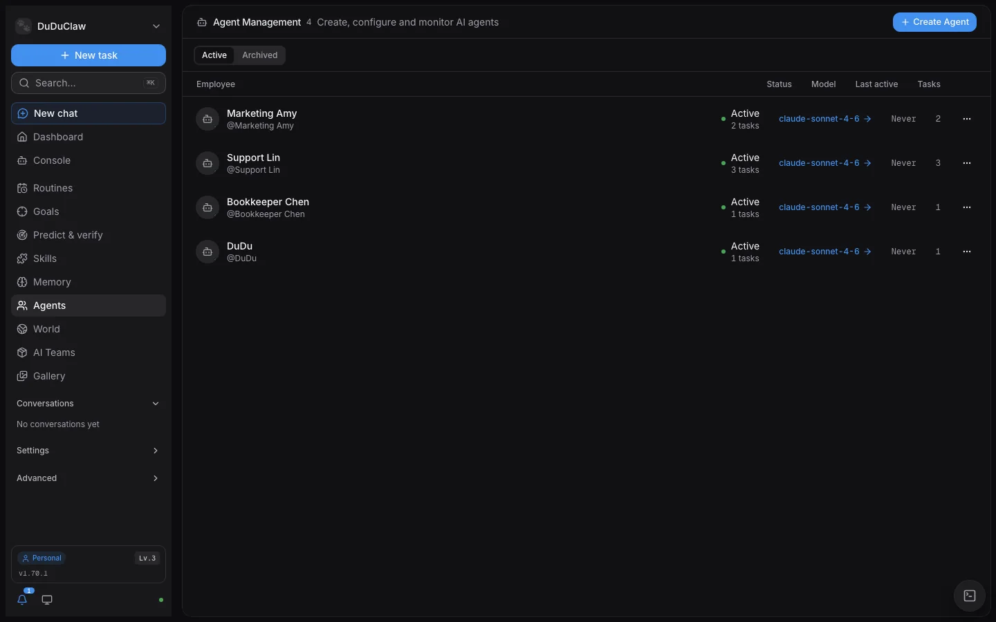 The v1.70.1 dashboard Agents page: four demo staff members, each with status, model and task count