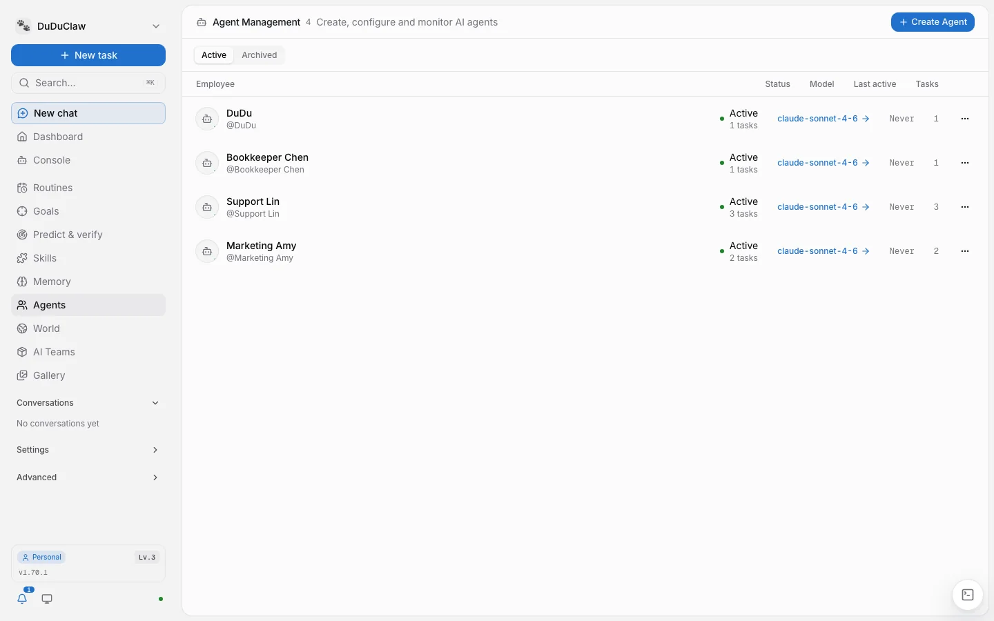 The v1.70.1 dashboard Agents page: four demo staff members, each with status, model and task count