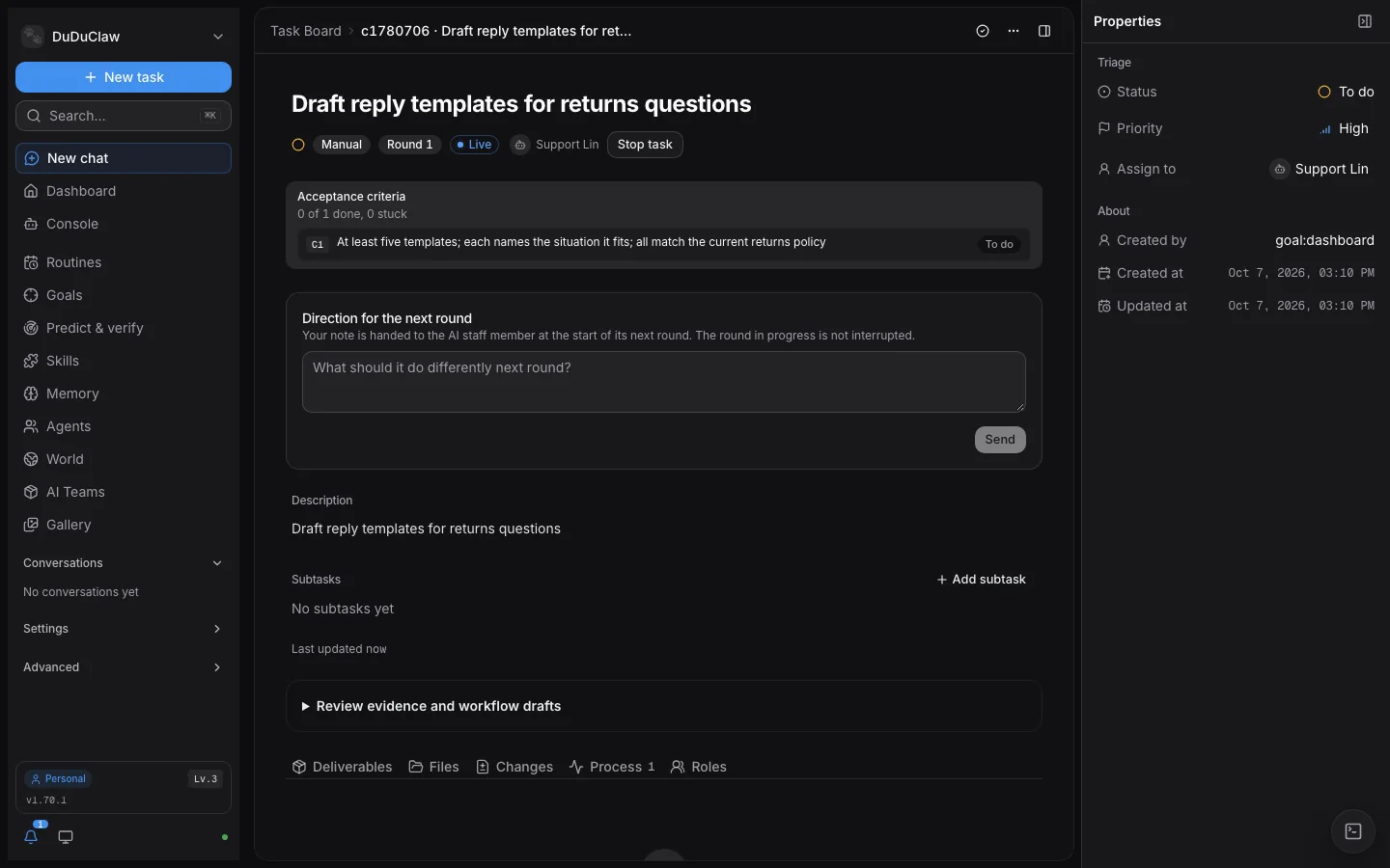 The v1.70.1 goal task page: acceptance criterion C1 and its status at the top of the page
