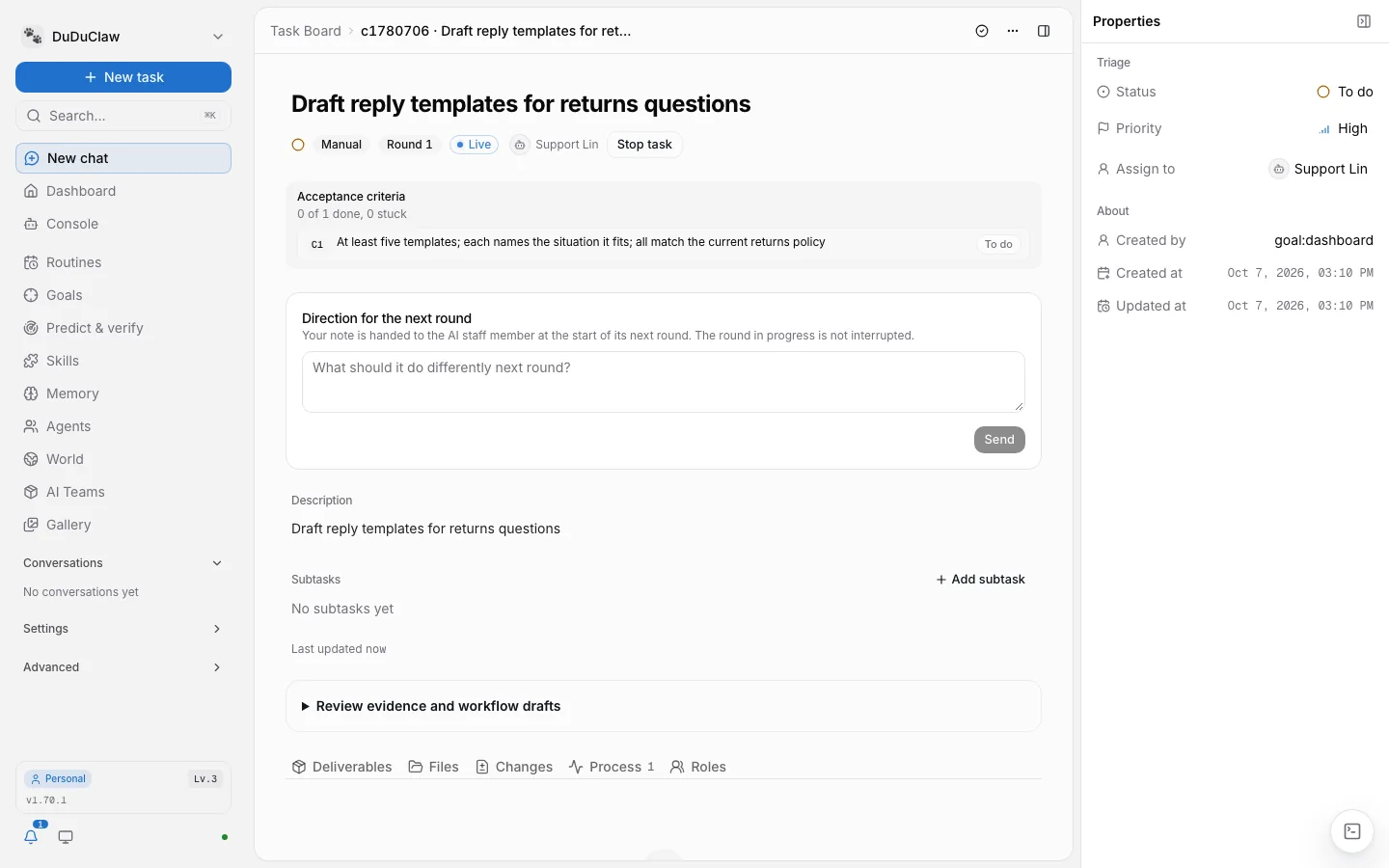 The v1.70.1 goal task page: acceptance criterion C1 and its status at the top of the page