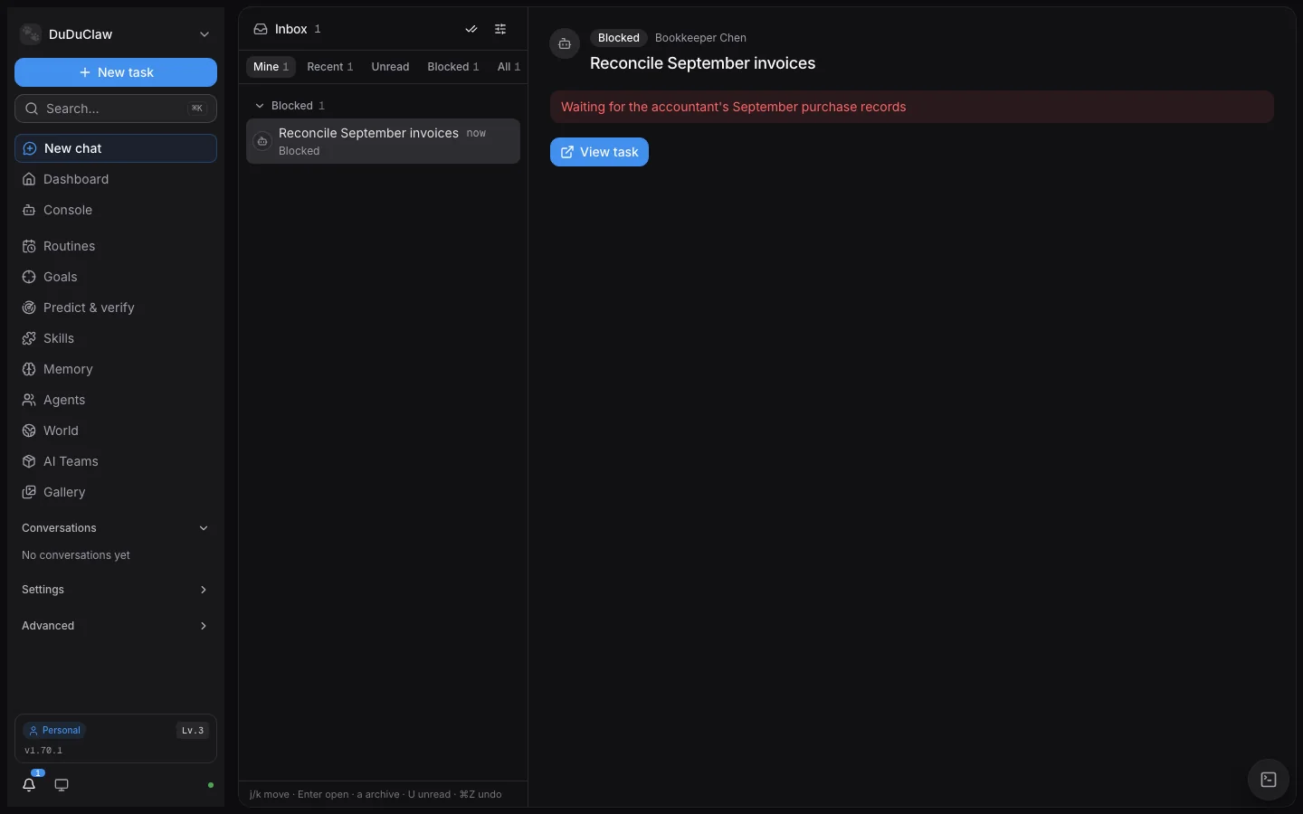 The v1.70.1 inbox: one blocked task with the reason it is blocked and a View task button