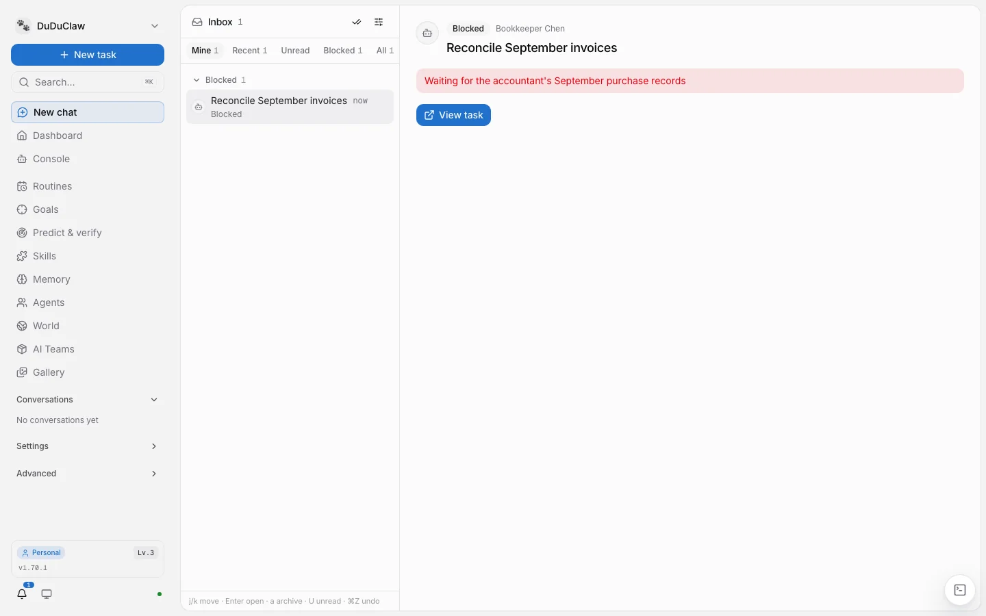 The v1.70.1 inbox: one blocked task with the reason it is blocked and a View task button