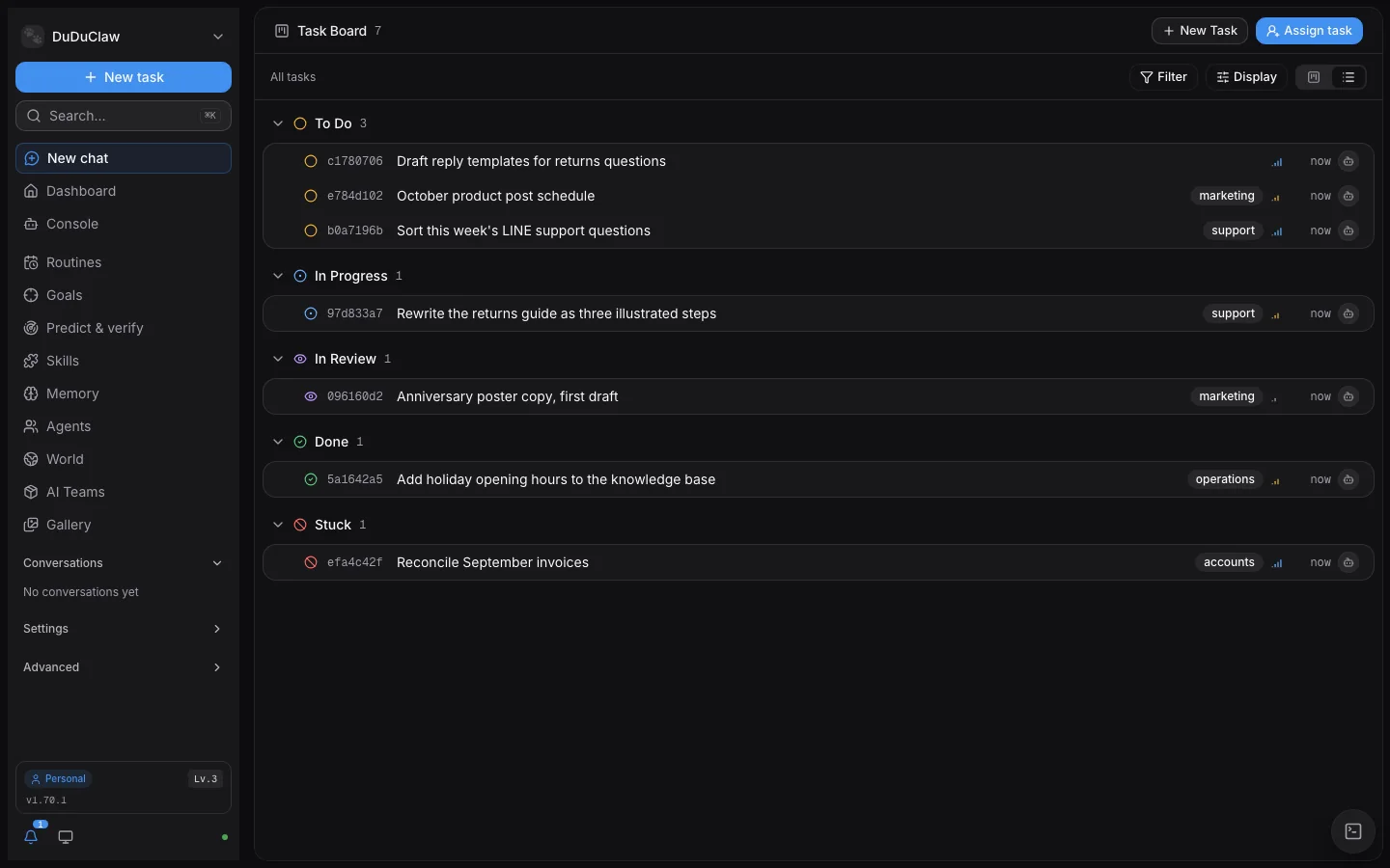 The v1.70.1 task board in list view: tasks grouped as To Do, In Progress, In Review, Done and Stuck