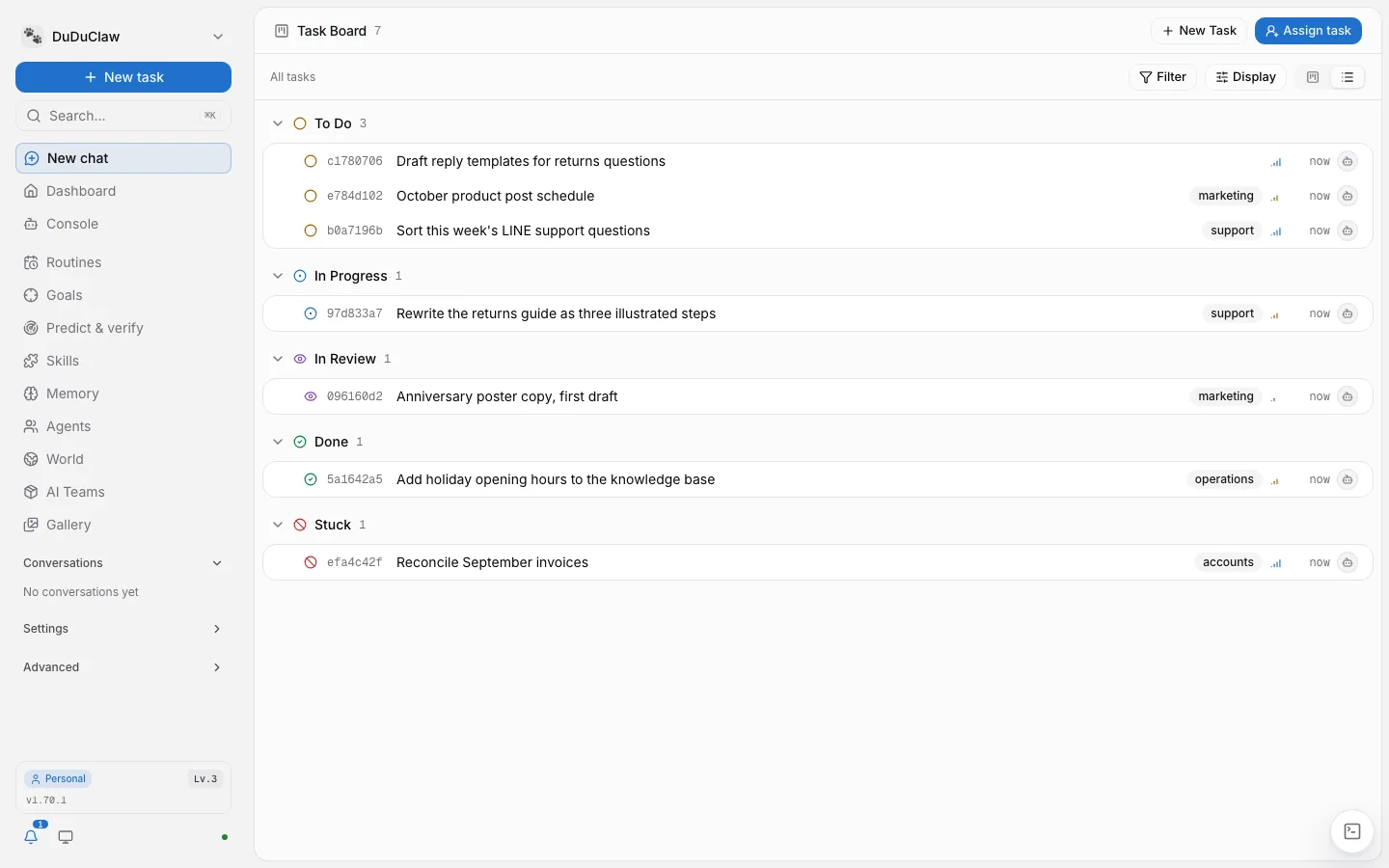 The v1.70.1 task board in list view: tasks grouped as To Do, In Progress, In Review, Done and Stuck